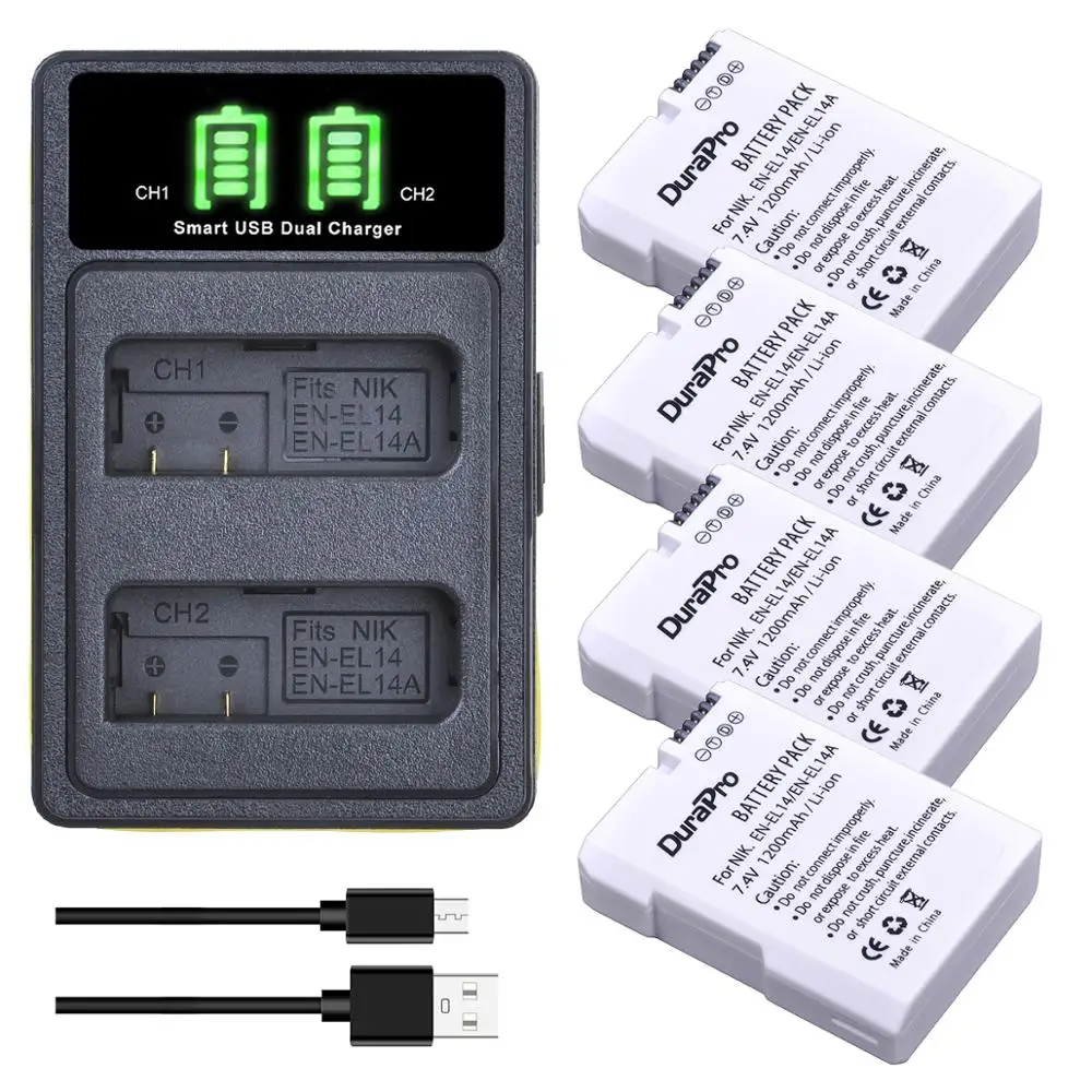 

DuraPro 4pcs 1200mAH EN-EL14a EN-EL14 Battery +LED Dual Charger for Nikon D5600,D5500,D5300,D5200,D5100,D3200,D3300,P7800,P7100