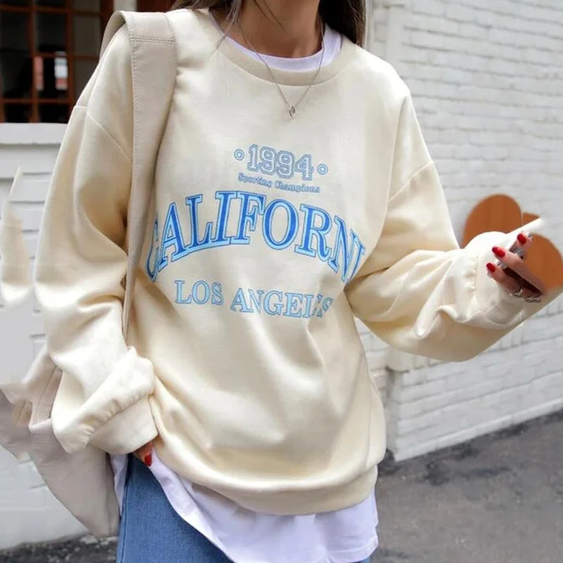 

California Los Angeles Vintage American Print Oversized Sweatshirt Women O Neck Pullover Hoodies for Teens Autumn Preppy Style