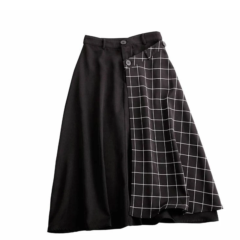 

HStar 2020 Plaid Buttons Skirt Modis Design Panelled High Waist A-line Skirt Spring Summer Vintage Elegant Bottom
