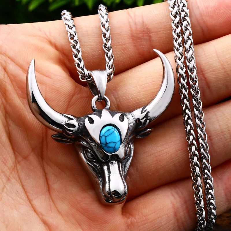

Animal Pendant Necklace 316L Stainless steel Bullhead Blue Turquoise Pendants Retro Personality Bull Charms Cool Punk Styles