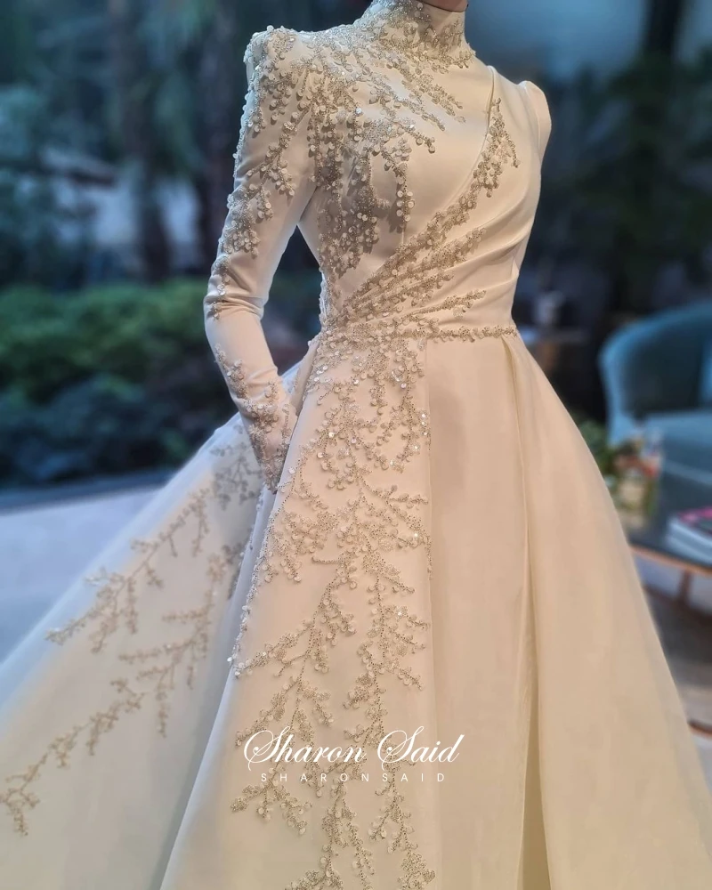 

Luxury White Muslim Evening Dress for Women Wedding Party Gowns Arabic Long Sleeve High Neck Beaded Dubai Bridal Formal Dresses