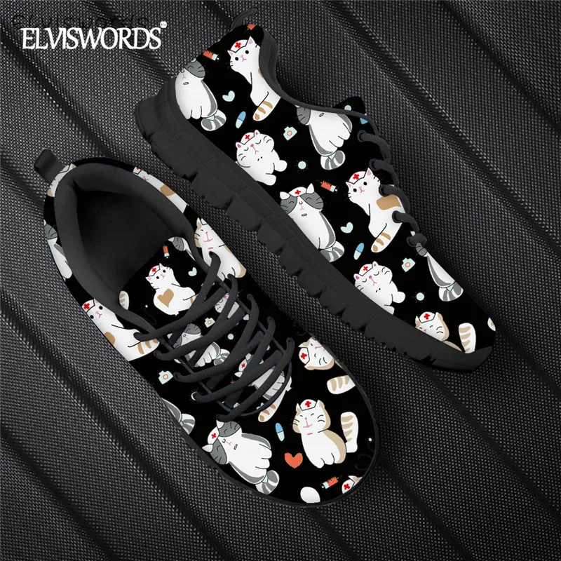 

ELVISWORDS Kawaii Nursing Kitten Pattern Women's Lace Up Flat Shoes Summer Breathable Mesh Sneaker Teen Girls Cartoon Footwear
