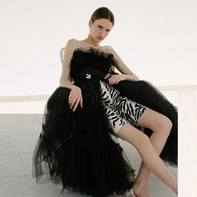 Современный черный очень Пышное с оборками со складками Платье фатиновой юбкой