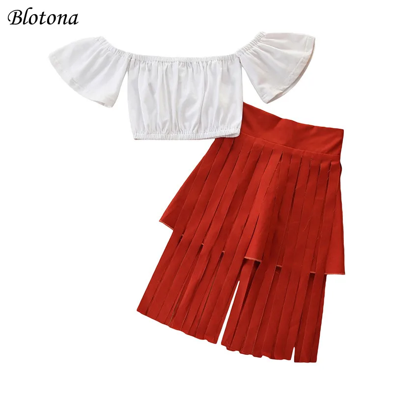 

Модный повседневный комплект одежды для девочек Blotona из 2 предметов, однотонный топ с коротким рукавом и вырезом лодочкой и открытыми плечам...