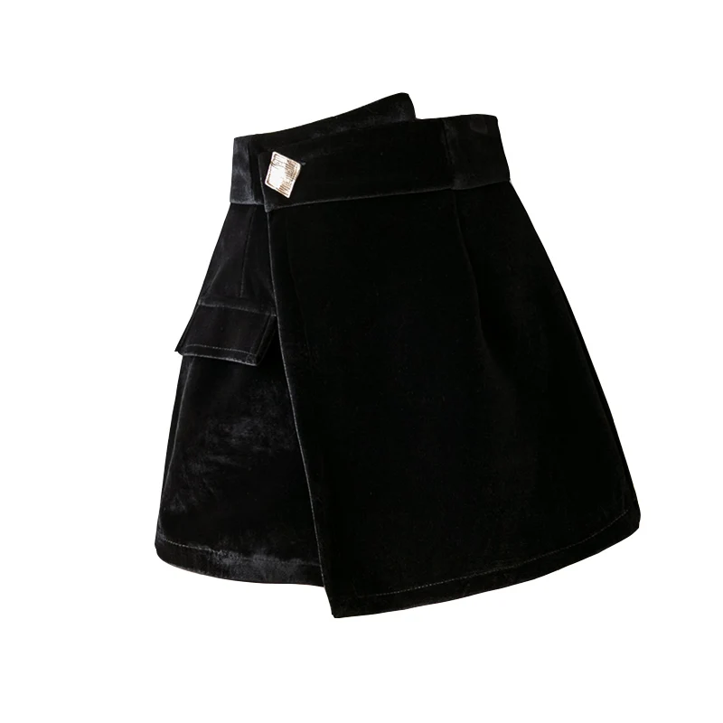 

S-XL Skirt Shorts High Waist Irregular Wide Leg Shorts Female velvet Solid Pocket Fake Skirts Black Zipper Skirts Shorts