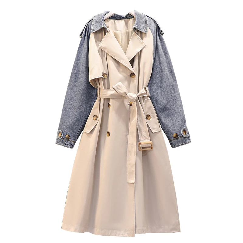 

2021 Spring Long-sleeved Turn Down Collar Double Breasted Patchwork Loose Ovker Overcoat With Belt D194