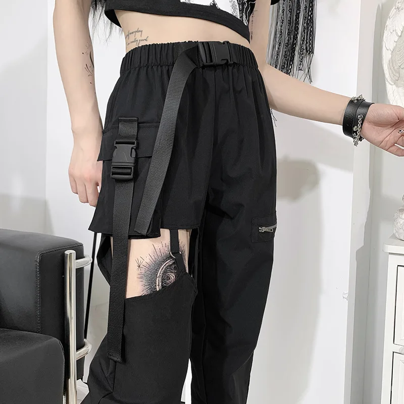 

Harajuku Grunge High Waist Buckle Zipper Pants 2021 Goth Black Cargo Pants Punk Streetwear Hollow Out Big Pocket Trousers