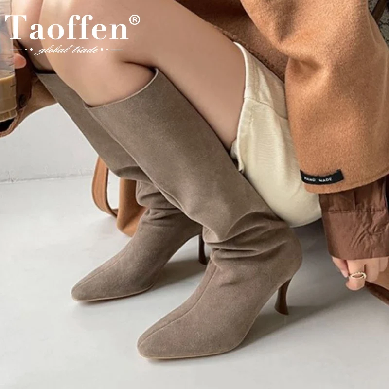 

Taoffen/Женская обувь; Сапоги до середины икры из натуральной кожи; Винтажные высокие сапоги без шнуровки на высоком тонком каблуке; Модная жен...