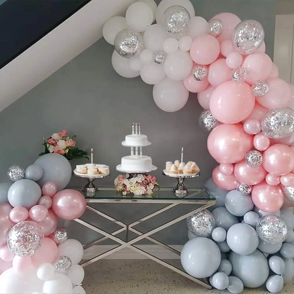 

metablle 100pcs Gray White Pink Shiny Silver Confetti Balloon Garland Arch Kit Bridal Shower Backdrop Girls Birthday Party Decor