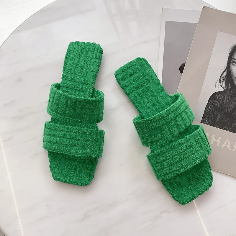 

Groene Platte Dikke Zool Harige тапочки Vrouwen открытый подростковый Handdoek sandallente Comfort Buiten slijносить Schoenen