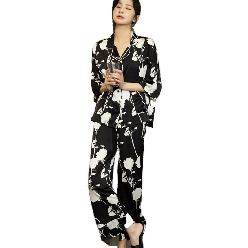 

2021 New Fashion Women's Pajamas 2Pcs Long Sleeve Soft Loose Sleepwear Ice Silk Satin Homewear Trousers Print Nightgow Female