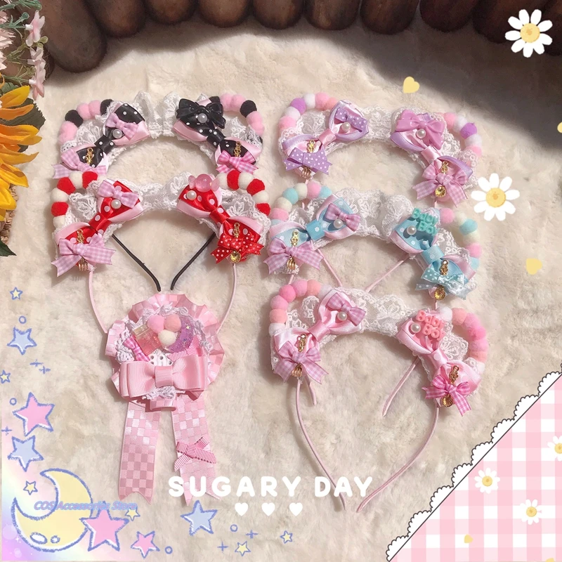 

Japanese Original Handmade Lolita Cat Ears Hair Hoop Lace Wave Point Bowknot Plush Hairball KC Multicolor Cute Headdress New