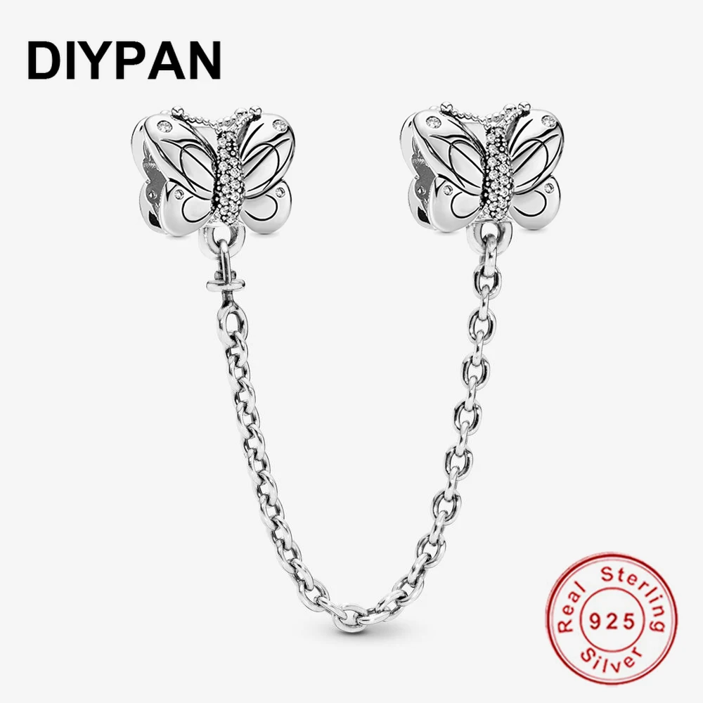 

925 Silver Butterfly Safety Chain Charm Fit Original Pandora Bracelet Charm 925 Sterling Silver Charm Women Jewelry Berloque