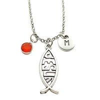 jesus fish necklace birthstone creative initial letter monogram fashion jewelry women christmas gifts accessories pendant