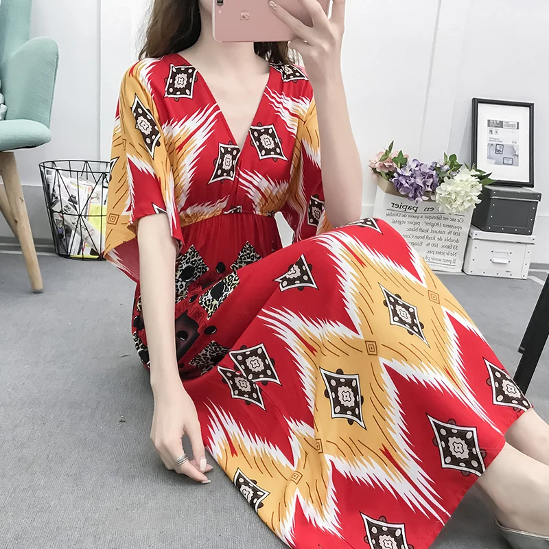 Летнее женское платье-макси с цветочным принтом и V-образным вырезом | Женская