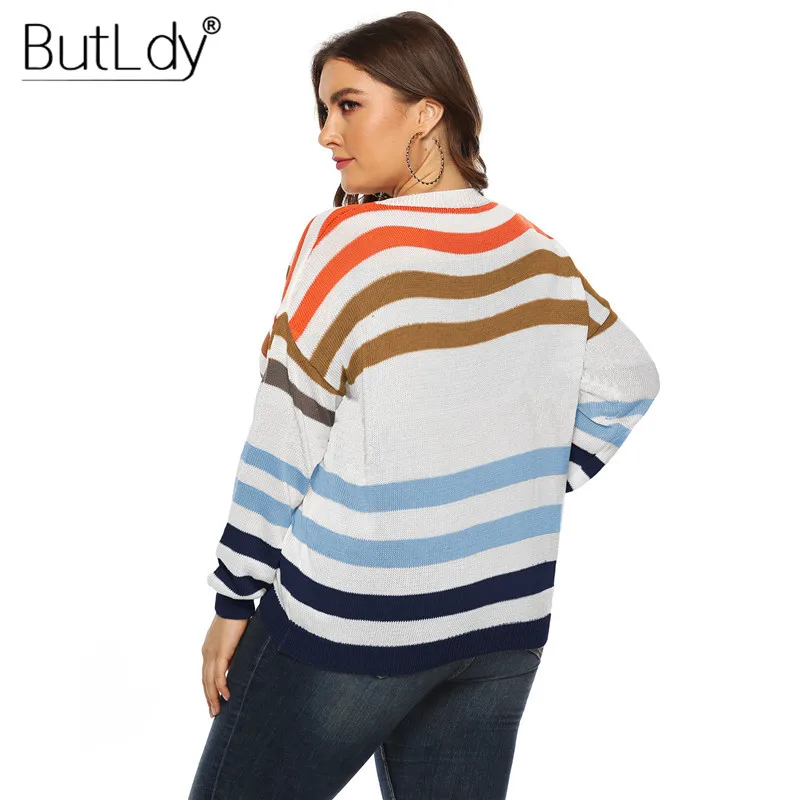 

Large Size O-neck Striped Sweater Women Autumn Winter 2019 New Style Stitched Casual Color Long Sleeve Pullovers Sweater