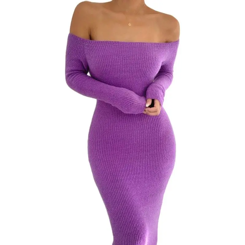 

Women Winter Dress Women 2020 New Arrivals Sexy Off Shoulder Long Sleeve Slash Neck Purple Gray Orange Party Dresses Vestidos