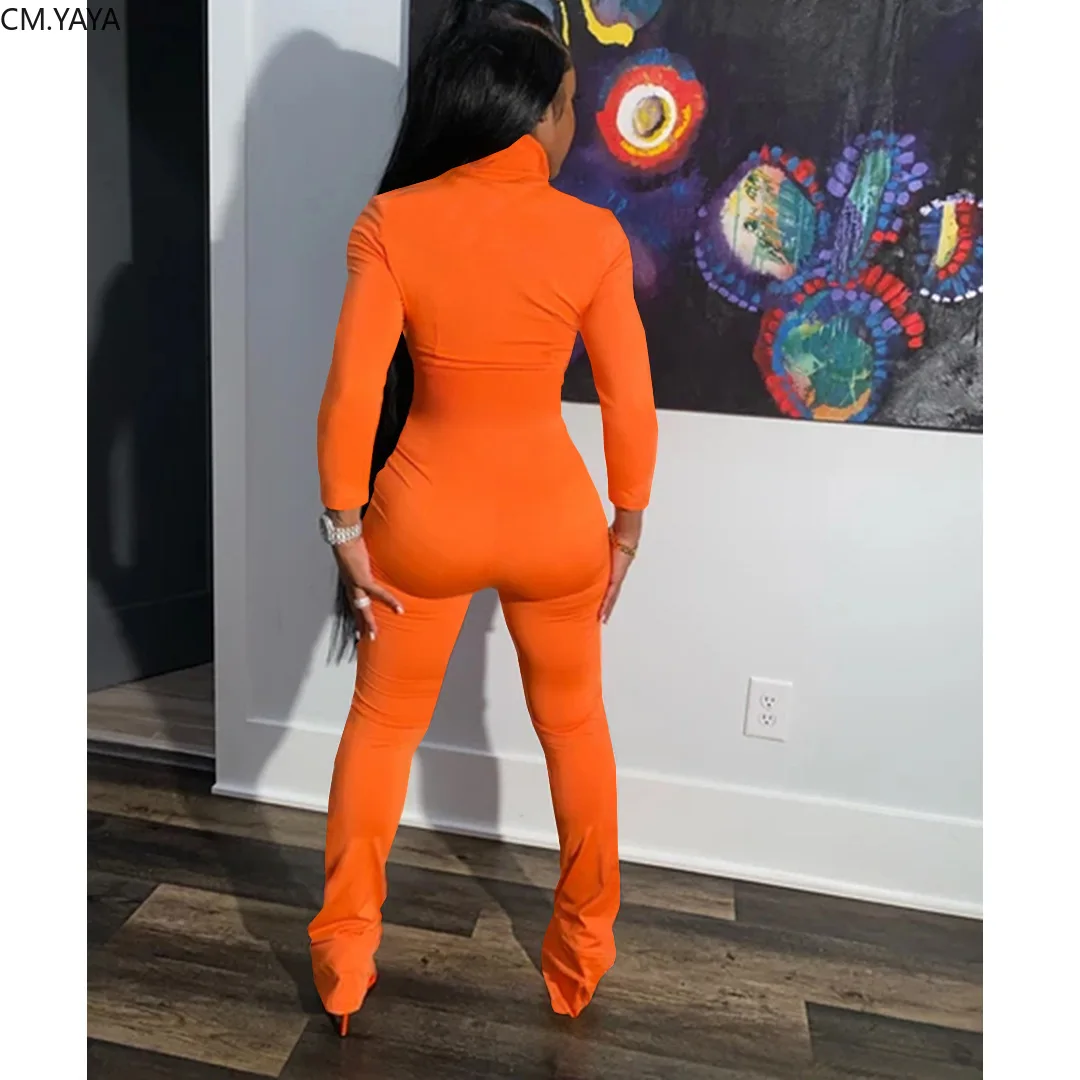 CM.YAYA Women Striped Patchwork Long Sleeve Zipper Up Wide Leg Flare Jumpsuit Bellbottoms One Piece Overalls Active Wear Rompers |