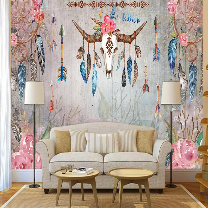 

Drop Shipping Photo Wallpaper Hand Painted Indian Tribal Style Feather Watercolor Deer Skull Mural Living Room Bedroom Wallpaper