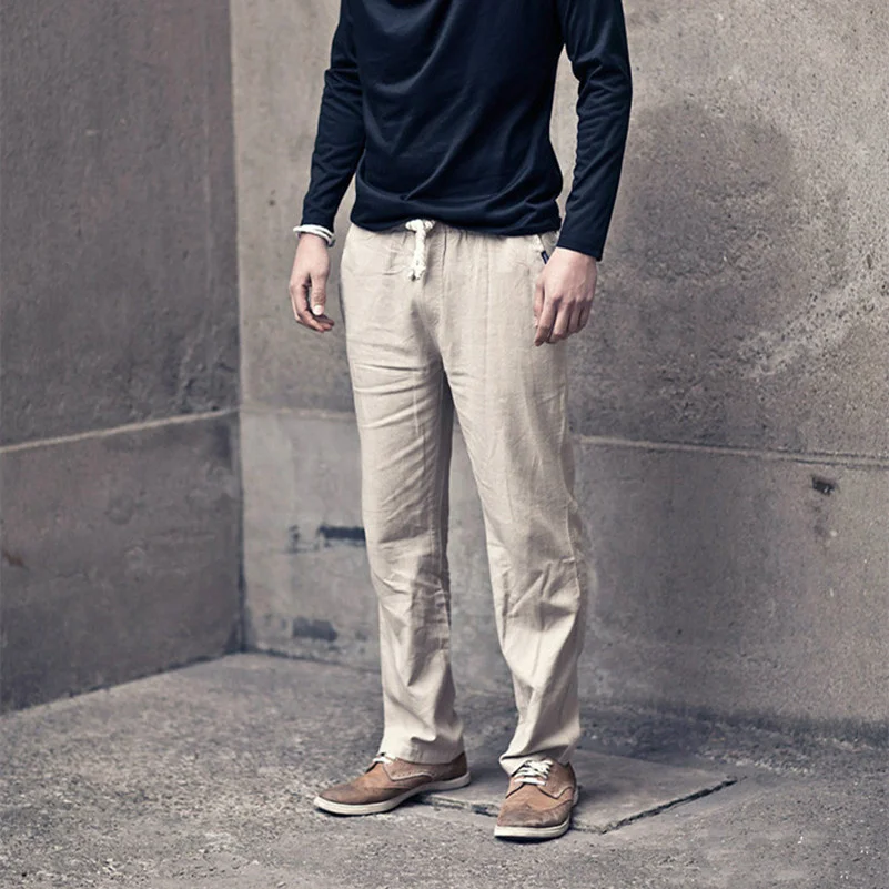 

linen Men's pants Summer lightweight elastic waist straight Jogger pants beige green blue black gray casual trousers men