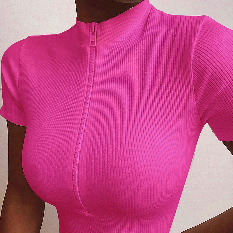 

LALUMAI women's short Top Short Sleeve Casual slim women's short sleeve top with vertical collar and zipper tight sportswear