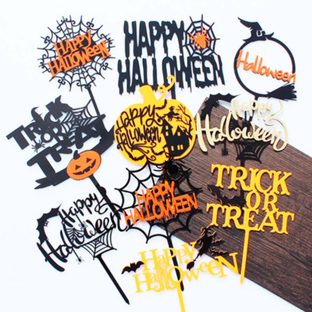 

10 Styles Halloween Acrylic Cake Topper Trick or Treat Cupcake Topper Birthday Party Cake Decor Accessories Cake Baking Supplies