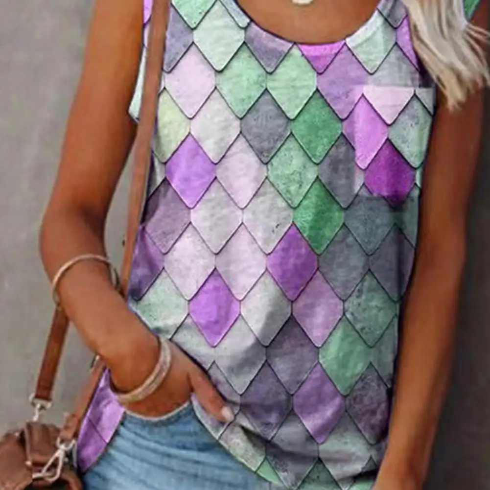 

Women Vest Rhombus Print Sleeveless Summer Loose Round Neck T-shirt for Dating
