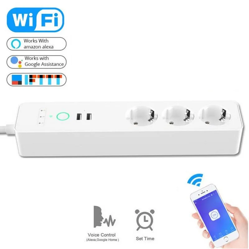 Wifi Smart Power Strip 3 EU Outlets Plug with 2 USB Charging Port Remote Timing App Voice Control Work Alexa Google Home | Электроника