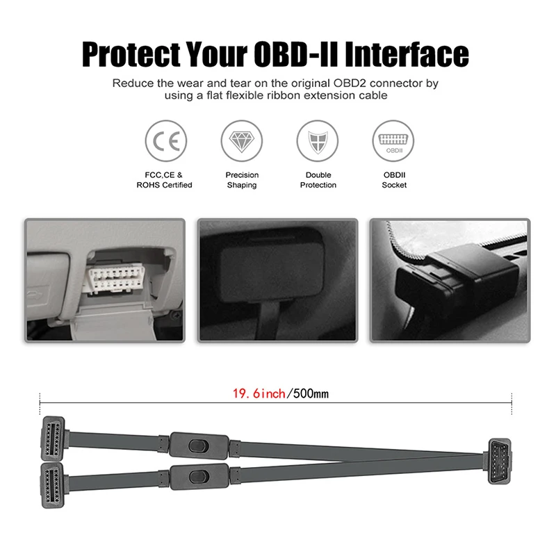 1 IN 2 Converted Flat Male to Dual Female Elbow 16Pin OBD Splitter Extension Cable OBD2 With Switch On Off |