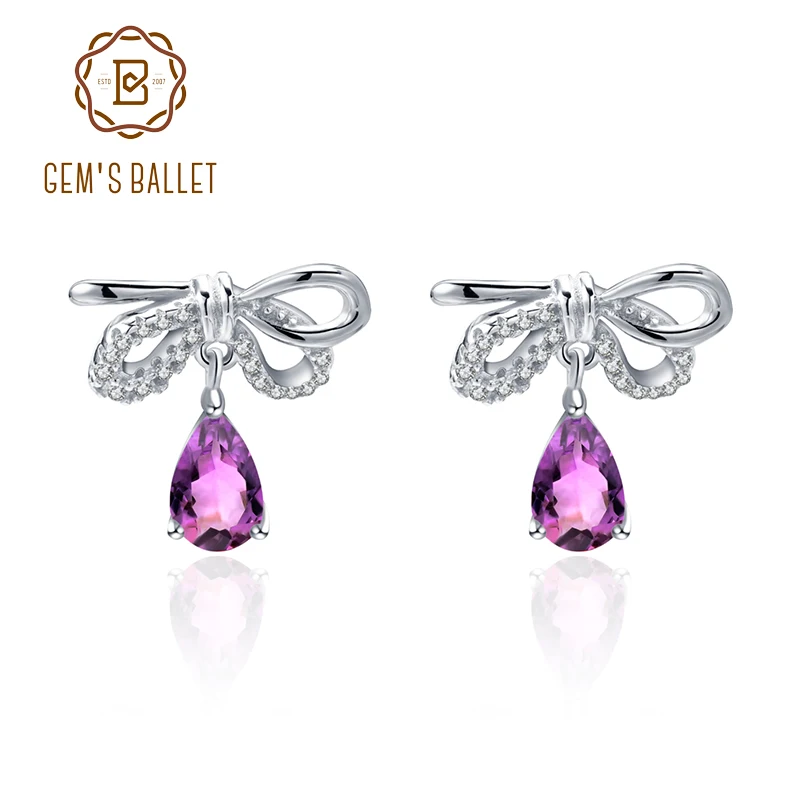 GEM'S BALLET Натуральный Аметист Старинные Серьги Стерлингового Серебра 925 Лук