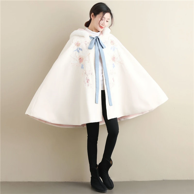 Женская шерстяная накидка с капюшоном и цветочной вышивкой на шнуровке| |