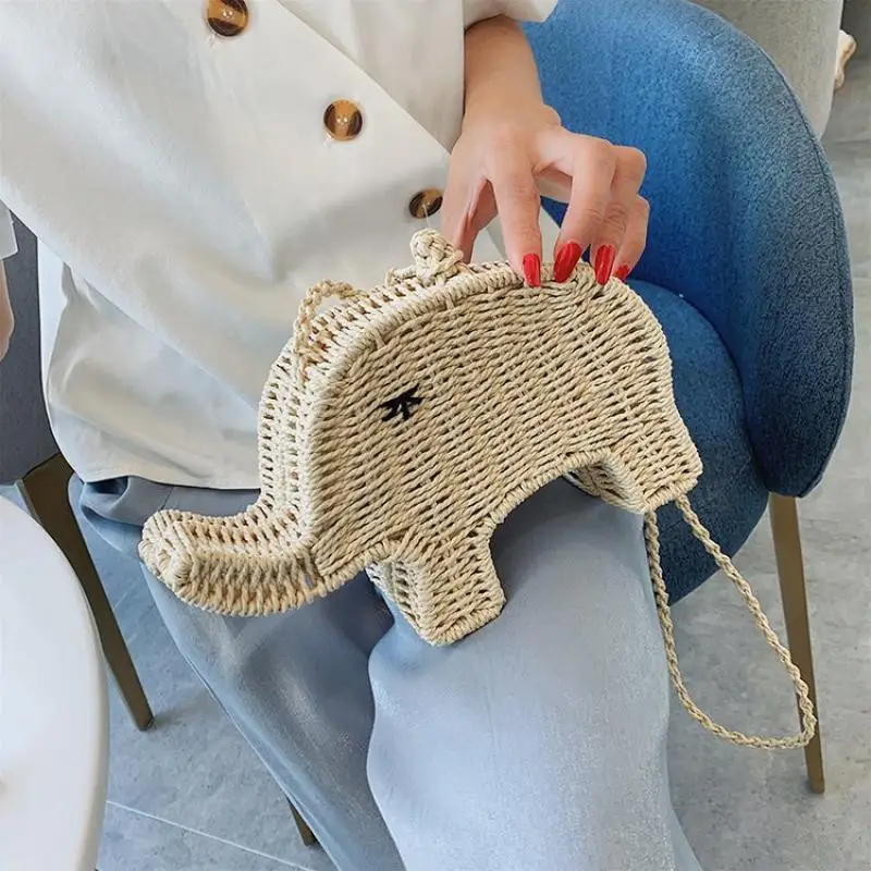 

Cartoon Bag Elephant Straw Handbag and Purses for Women Rattan Woven Beach Vacation Straw Bag Cute Crossbody Bags Birthday Gift