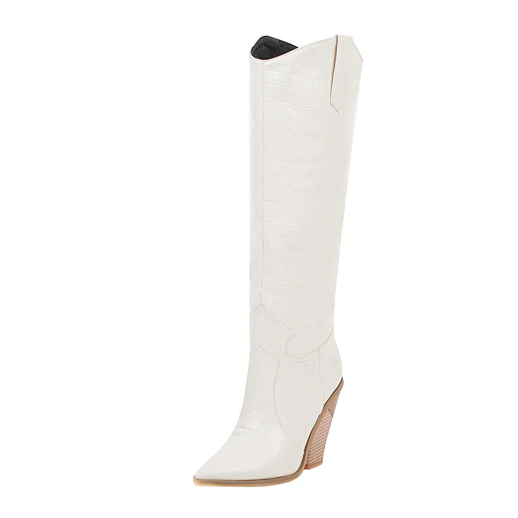 WH winter new women's Boots leather high-heeled boots Pointed Toe boots fashion Comfortable Western Rodeo Long Boots#913 - Цвет: WH