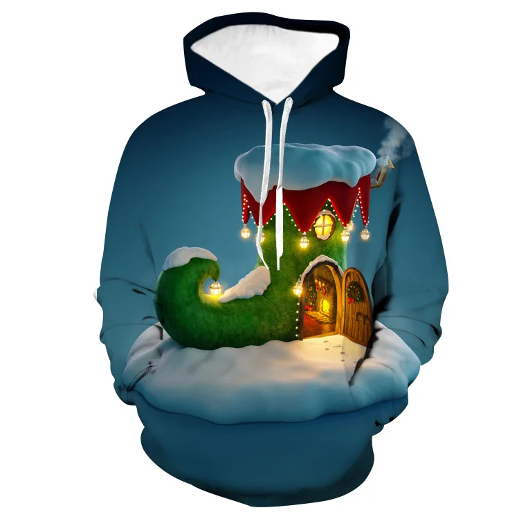 Унисекс рождественские носки дом 3D цифровая печать свободный свитер с капюшоном