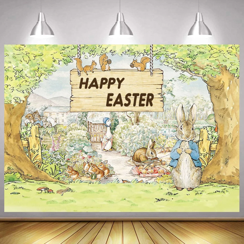 

Cartoon Rabbit Peter with His Animal Friends Backdrop for Kid Birthday Happy Easter Party Photography Background Studio Custom