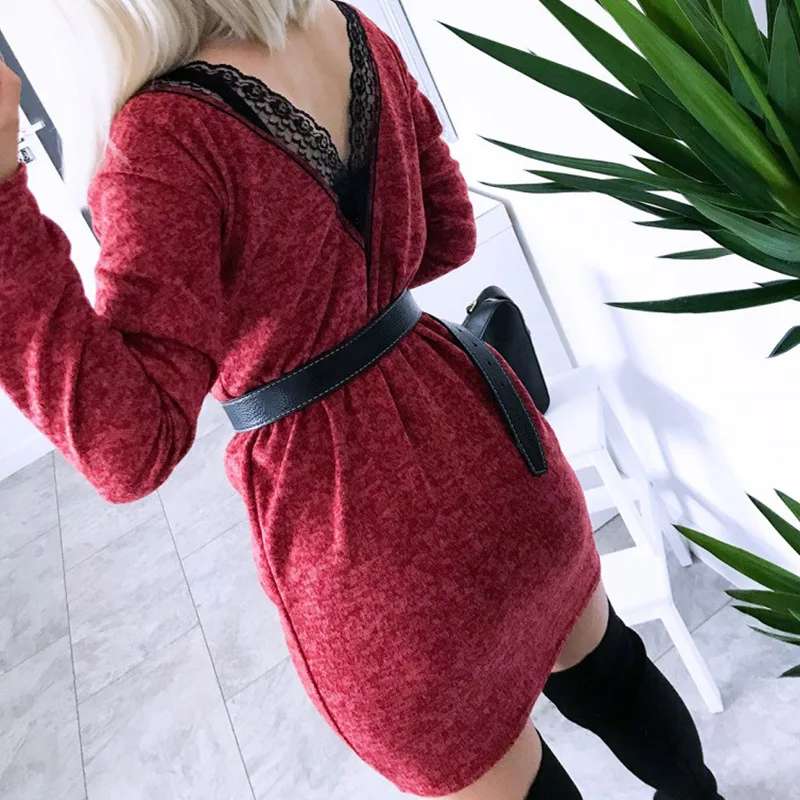 Fanbety осеннее платье с длинными рукавами кружевное обтягивающее Для женщин