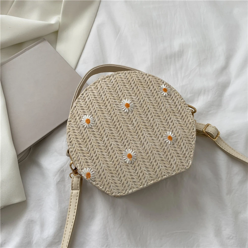 

Women Flower Pattern Woven Round Handbag Fashion Female Mini Shoulder Crossbody Bag Beach Vacation Vintage Zipper Small Purse