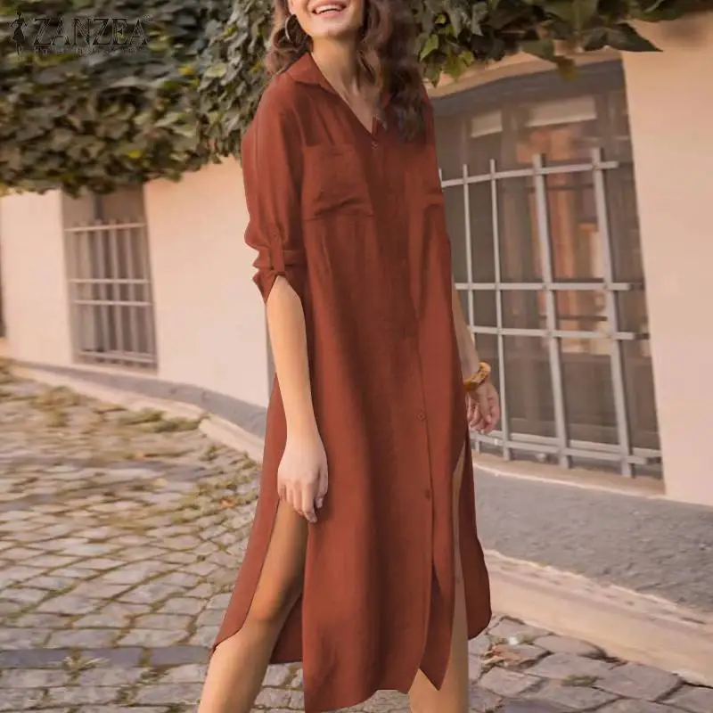 

ZANZEA 2022 Autumn Fashion Solid Shirt Dress Women Button Sundress Long Sleeve Mid-Calf Vestidos Female Casual Robe