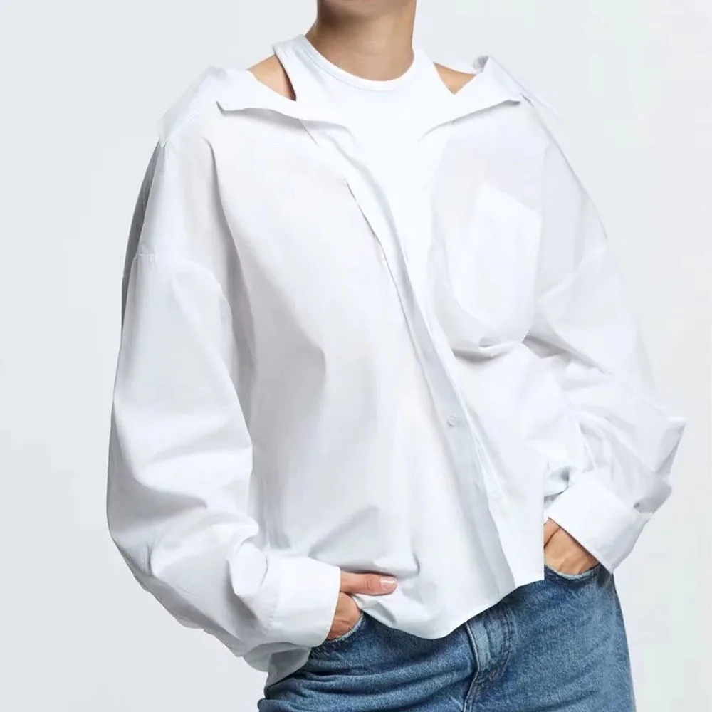 

Za Women 2021 Autumn New Fashion Fake two Stitching poplin Blouses Vintage Long Sleeve Button-up Female Shirts Blusas Chic Tops