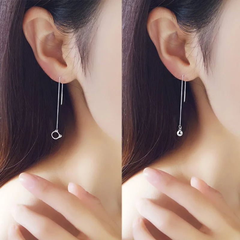 Асимметричные серебряные цветные милые длинные висячие серьги с кошками