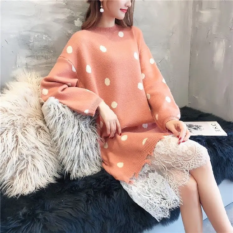 Женское трикотажное платье-свитер прямое платье средней длины в горошек