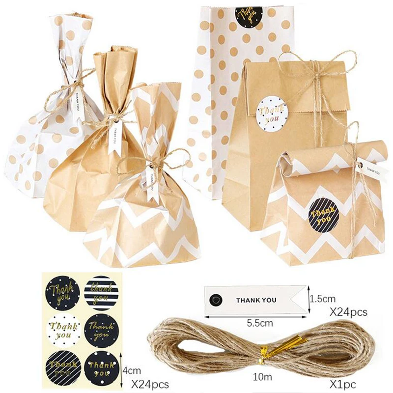 

24sets Dot Wave Kraft Paper Candy Box Favors Gift Bags With Rope Hange Tags Sticker Guests Cookie Packaging Box Party Decoration