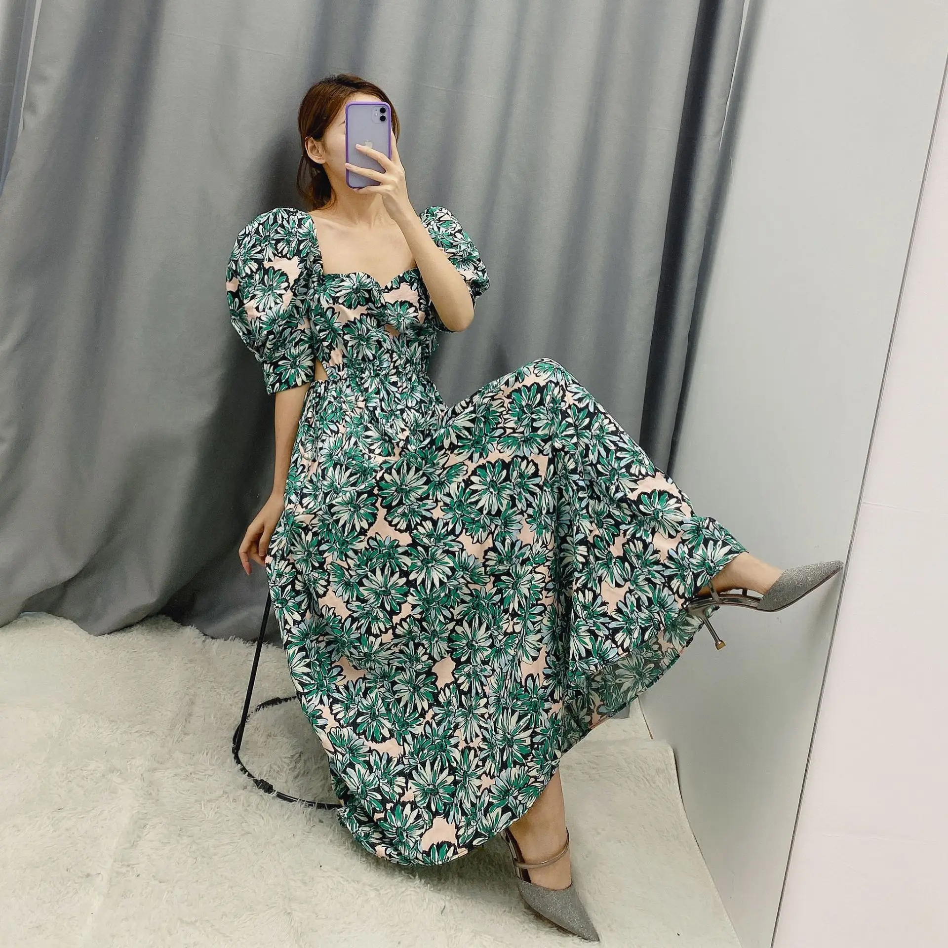 

Long dress print short sleeve lace up high waist show thin temperament dress beach casual comfortable large dress