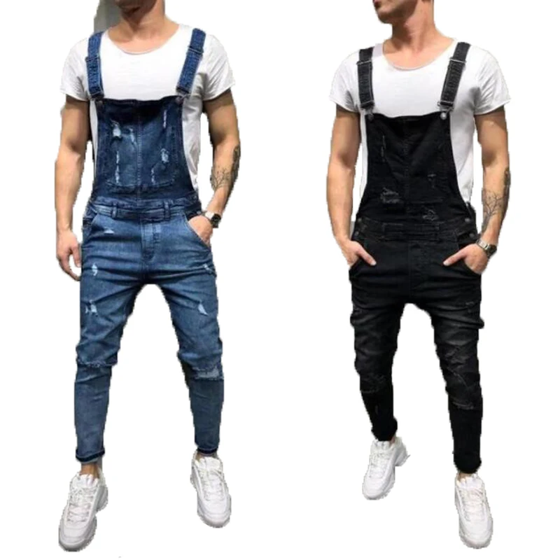 

Black Ripped Jeans Jumpsuit Men Fashion Slim Mid Waist Distressed Denim Bib Overalls Man Casual Suspender Pants Pantalon Hombre