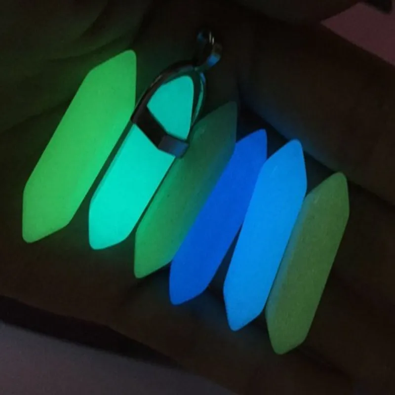 

Natural Crystal Luminous Stone Pendant necklaces Fluorescent Hexagonal Column Glowing in Dark Luminous Pendant Leather necklace