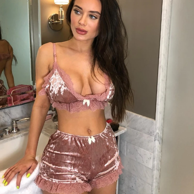 Женский сексуальный кружевной бархатный бюстгальтер укороченный топ шорты
