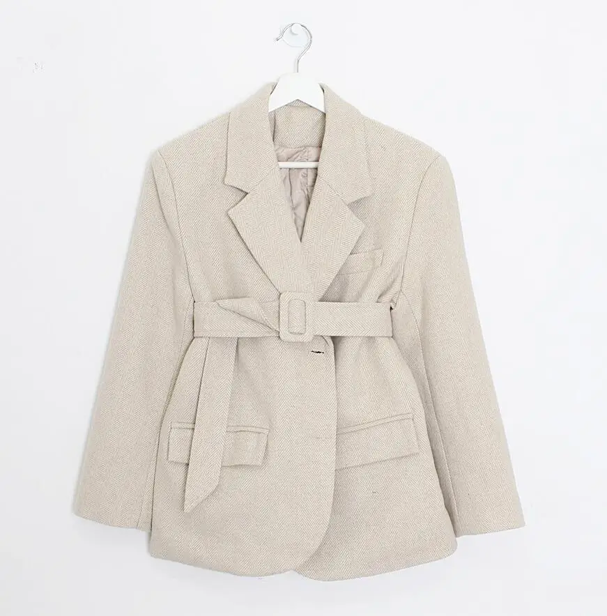 

Autumn Winter New Style Women's Coat High Waist V-Neck Long Sleeve Sashes Suit Woolen Jacket Coat Casual