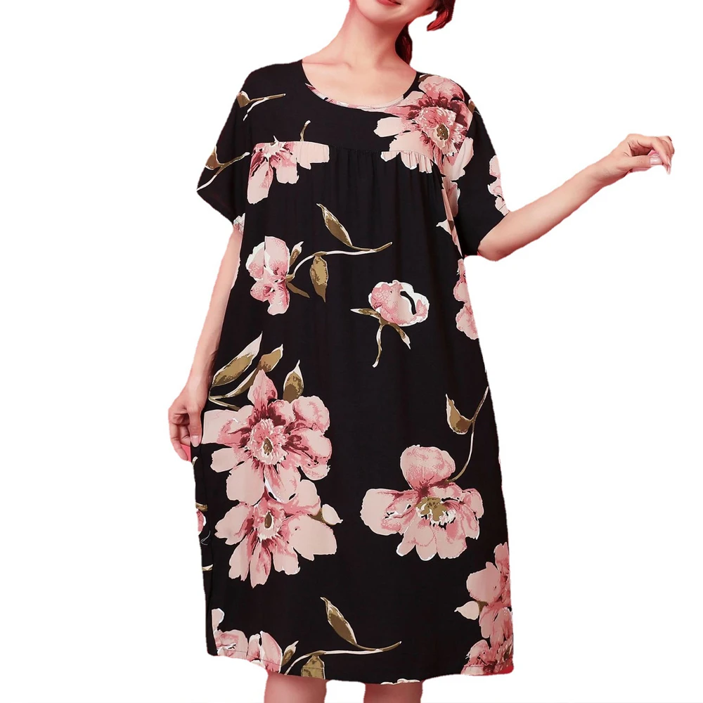 

Cartoon Print Night Dress New Women Cotton Viscose Nightgown Loose Short sleeve Sleepshirts Nightdress Cute Home Wear large size