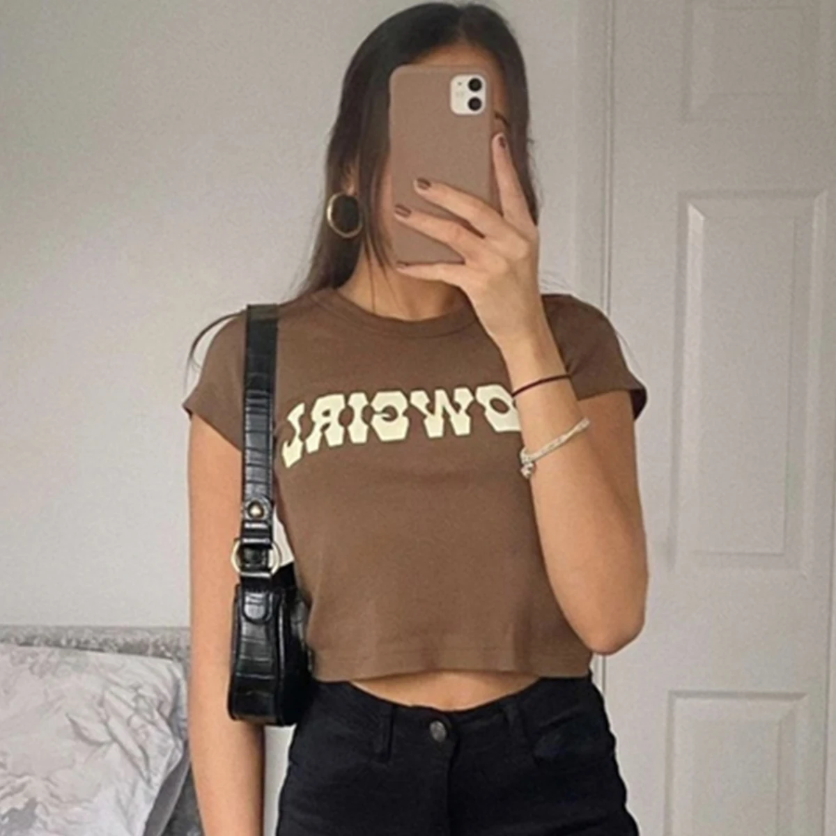 

Summer Slim Streetwear T-shirt Woman 2021 Vintage Letter Print Sexy Crop Tops Women Casual Short Sleeve Cotton Pullover Tees