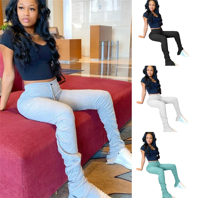

Casual Solid Color Knitted Trousers Slim Folds Split Micro Flared Pant Hot Sale Fashion For Ladies